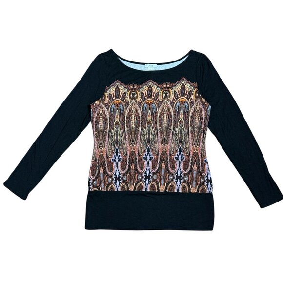 Cache Womens Top Blouse Size M Black Brown Blue Gold stones Chains Fairy Boho - Picture 2 of 8